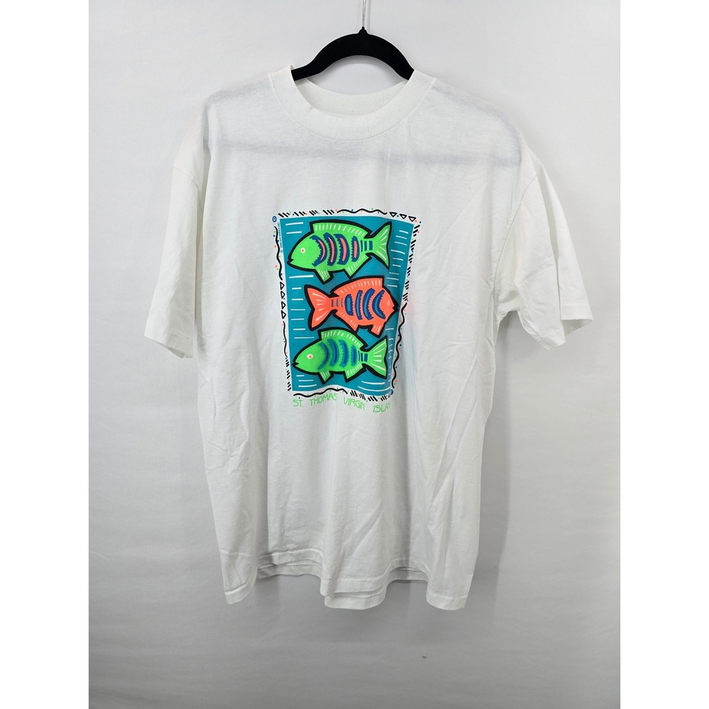 Vintage Hanes St Thomas Virgin Islands Fish T-Shirt XL‎ Neon 80s Single Stitch